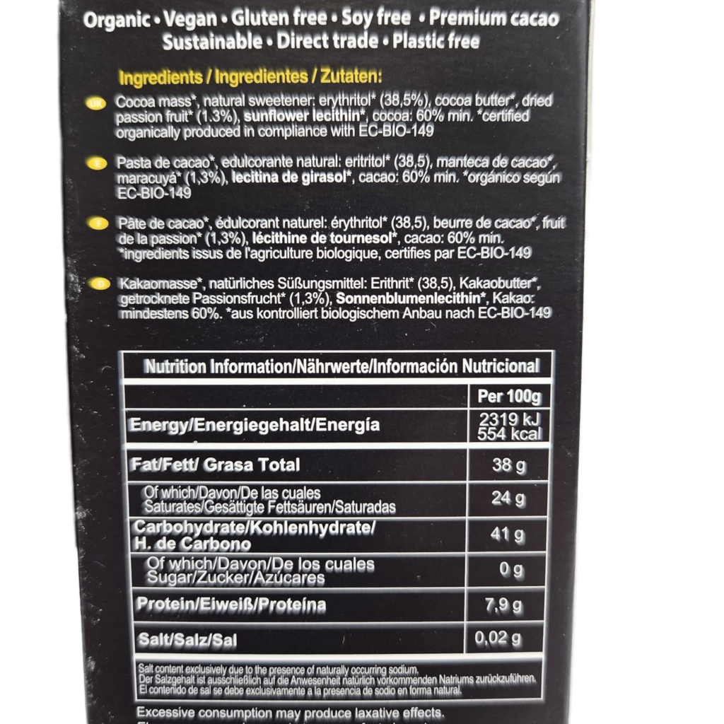 Paccari Maracuja 60 % – Zuckerfreie Bio-Schokolade