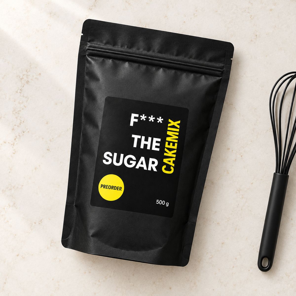 F*** THE SUGAR CakeMix – 500 g – Verpackungsmockup, Draufsicht
