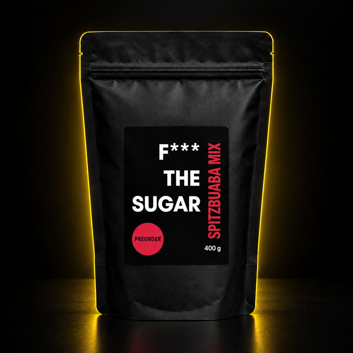 F*** THE SUGAR Spitzbuaba Mix – schwarzer Beutel mit gelbem Licht